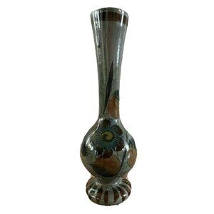 Tall Mexican Pottery Vase, Unmarked, Blue/Teal/Green/Brown 11.5"